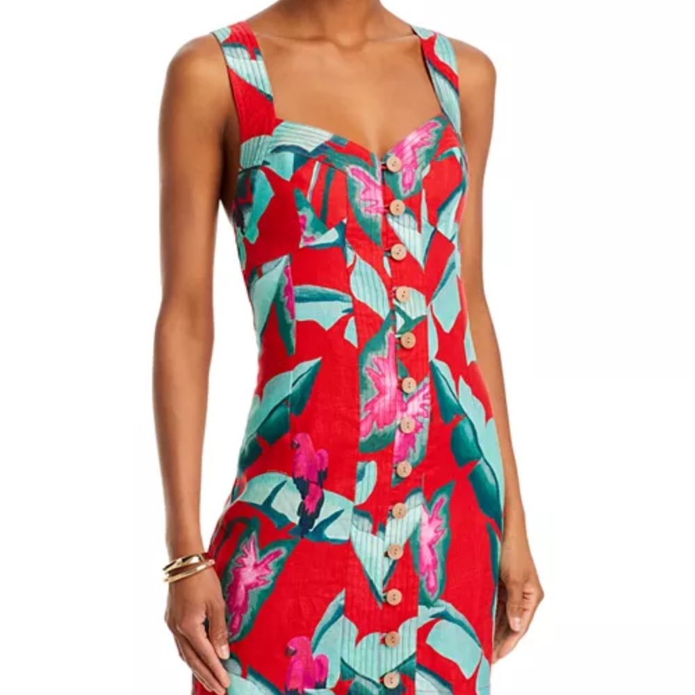 FARMRio Tropical Print Linen Button Down Mini Dress